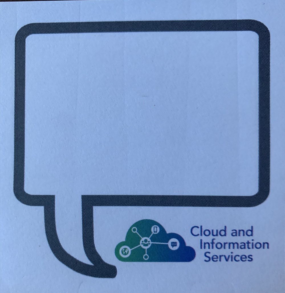 Customer photo from Amy of our Souvenir Designer Sticky Note - 3" x 3" - Message Bubble - 25 Sheet, a white box with a black outline and a blue and green logo